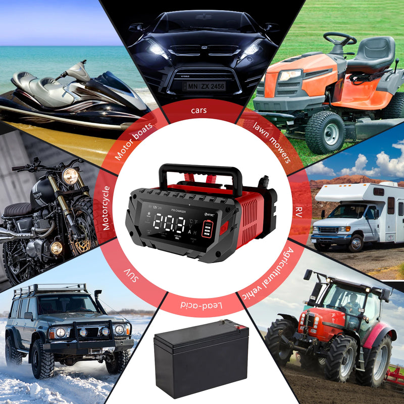 12V 30A/26A/20A Smart Car Battery Charger LCD 6V-12V-24V for Motorcycle Trickle Lithium LiFePO4 Lead-acid AGM Battery Repair