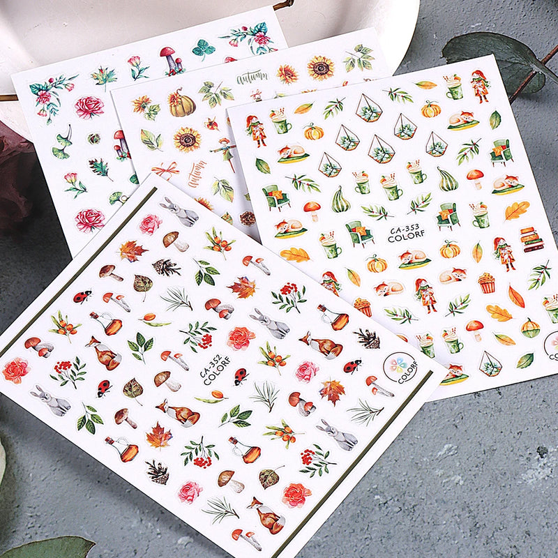 3/4/7pcs 3D Autumn Winter Nail Art Stickers Pumpkin Maple Leaves Squirrel Rabbit Flowers Decal For Thanksgiving Day Manicure DIY