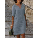 Cotton Linen Dress 3 Quarter Vintage Casual V Neck Loose Waist Midi Beach Dress Women Clothing Green Blue Yellow Robe