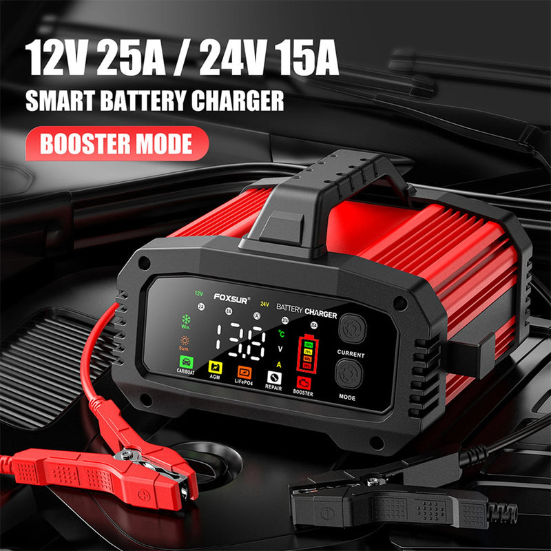 Portable Smart Car Battery Charger 12V/25A with BOOSTER Function Optional Charging Current for Lead Acid Lithium iron Battery