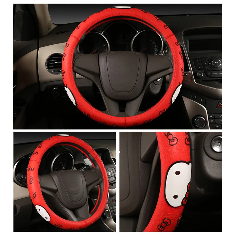 Sanrio Kitty Steering Wheel Cover Anti-Slip Car Wheel Protector 3D Pattern Universal Fit Car Accessories For Car
