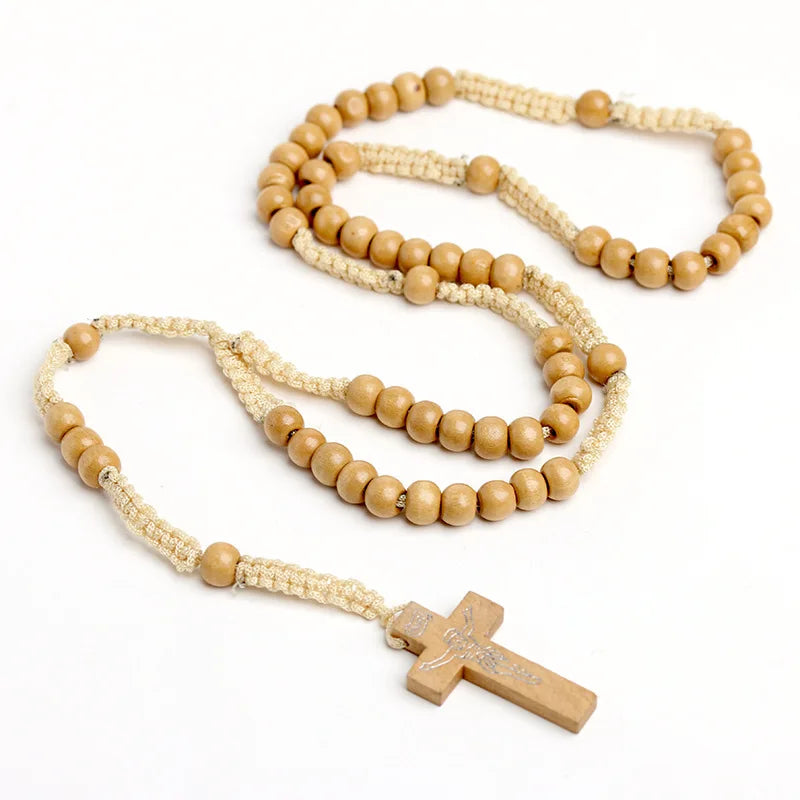 Hand Woven Jesus Christ 9mm Wooden Beads Cross Pendant Rosary Beads Necklace For Religious Orthodox Prayer Jewelry Wholesale