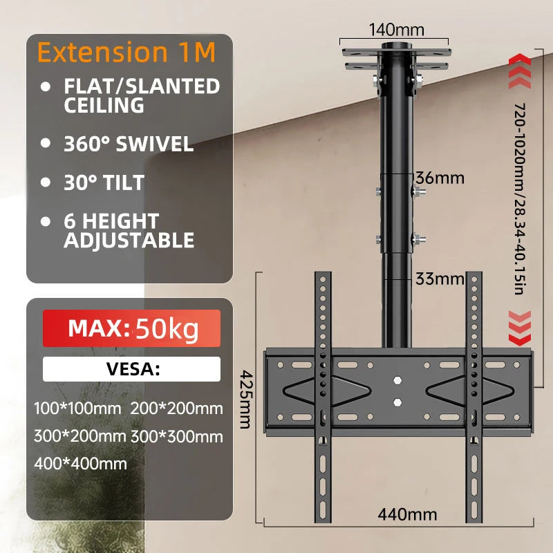Ceiling TV Mount, TV Mount for 26-65 inch TVs, TV Ceiling Mount with Swivel, Tilt and 6 Height Adjustable, Max VESA 400x400mm