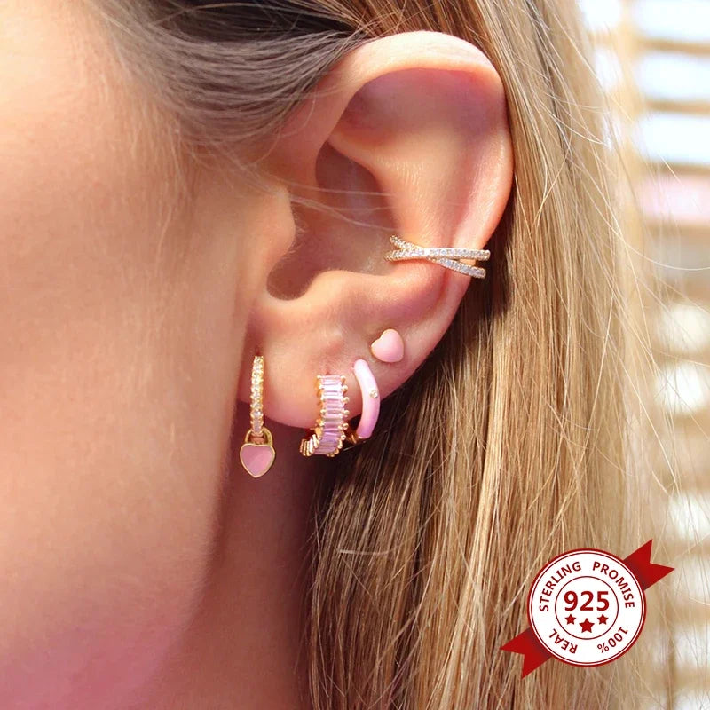 925 sterling Silver Ear Needle pink zircon Metal earrings for women water drop/star/ geometric hoop earring fine wedding Jewelry