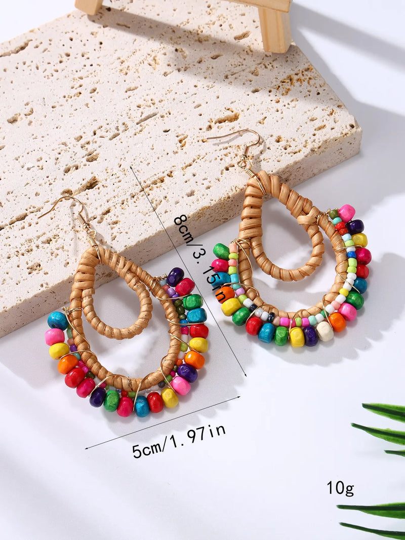 1 pair of pastoral wood bead textile exaggerated fashion long handmade rattan woven women's earrings jewelry