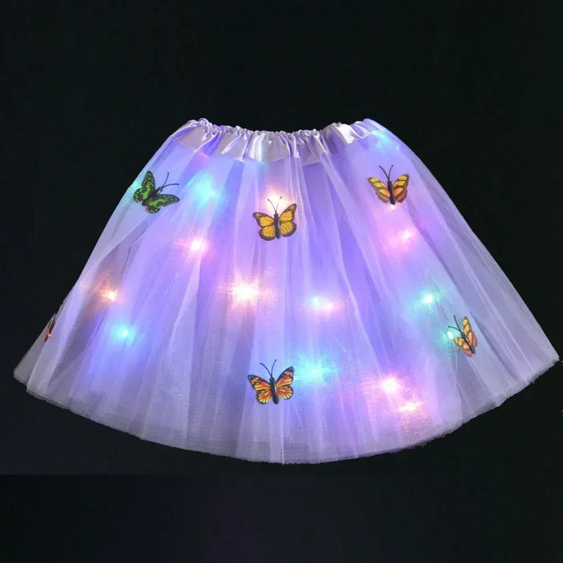 Princess Girl Butterfly Light Fairy Tutu LED Skirt Glow Flower Headband Birthday Gift Fancy Party Christmas Halloween Festival