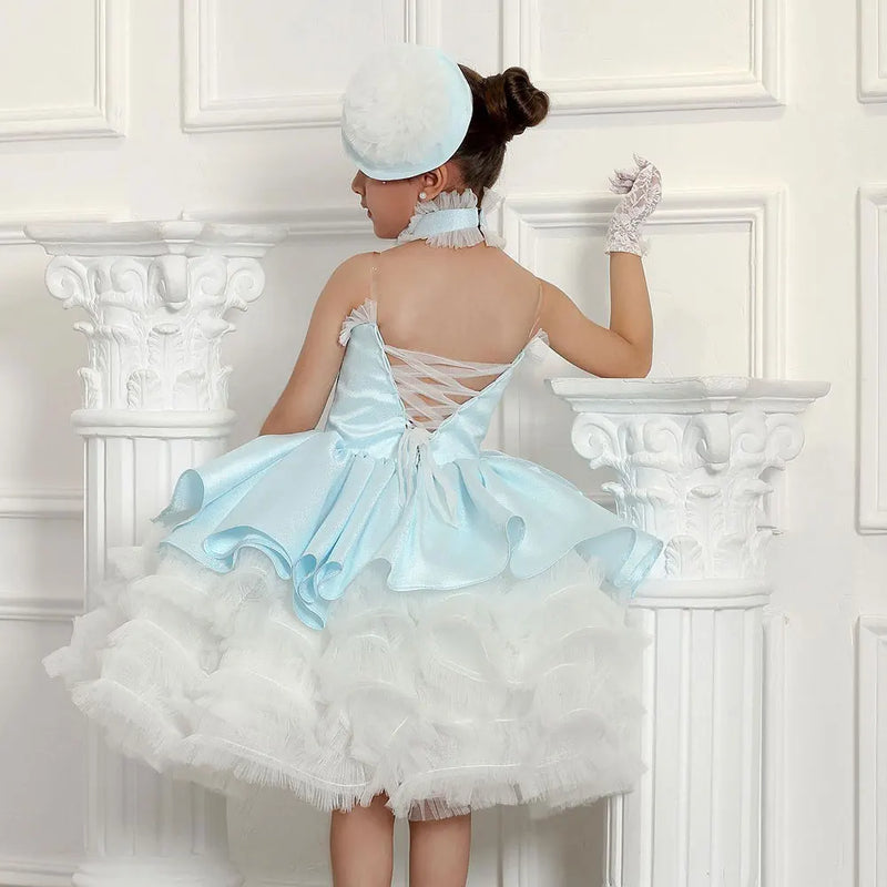 Puffy Flower Girl Dresses For Wedding Tulle Elegant Blue Satin Knee Length Princess Birthday Party Prom Dress Ball Gowns