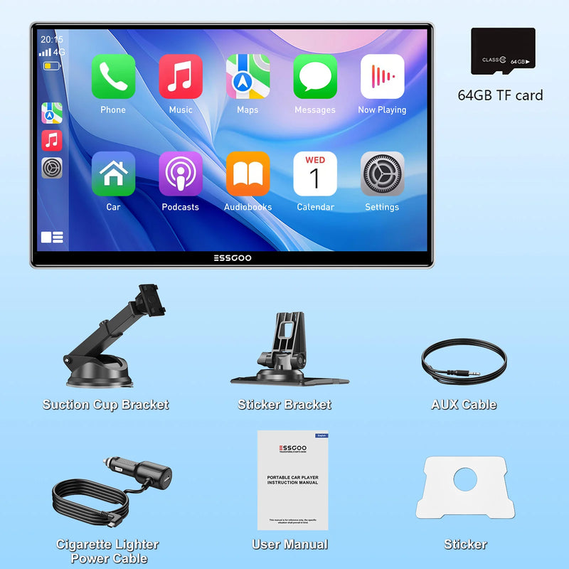 ESSGOO 9 Inch Touch Screen Portable Car Stereo Radio Wireless Apple Carplay Android Auto USB TF Bluetooth Mirror Link