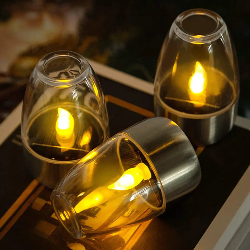 Outdoor LED Solar Candles Lights With Stainless Steel Base Flameless Night Light For Home Party Halloween Xmas Decor