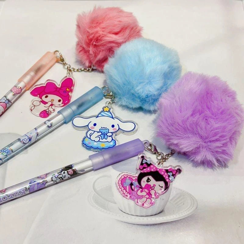 Sanrio 12/24pcs Gel Pen Kuromi Melody Cartoon Plush Pendant Kawaii Students Stationery 24pcs Cute School Signature Pen Wholesale