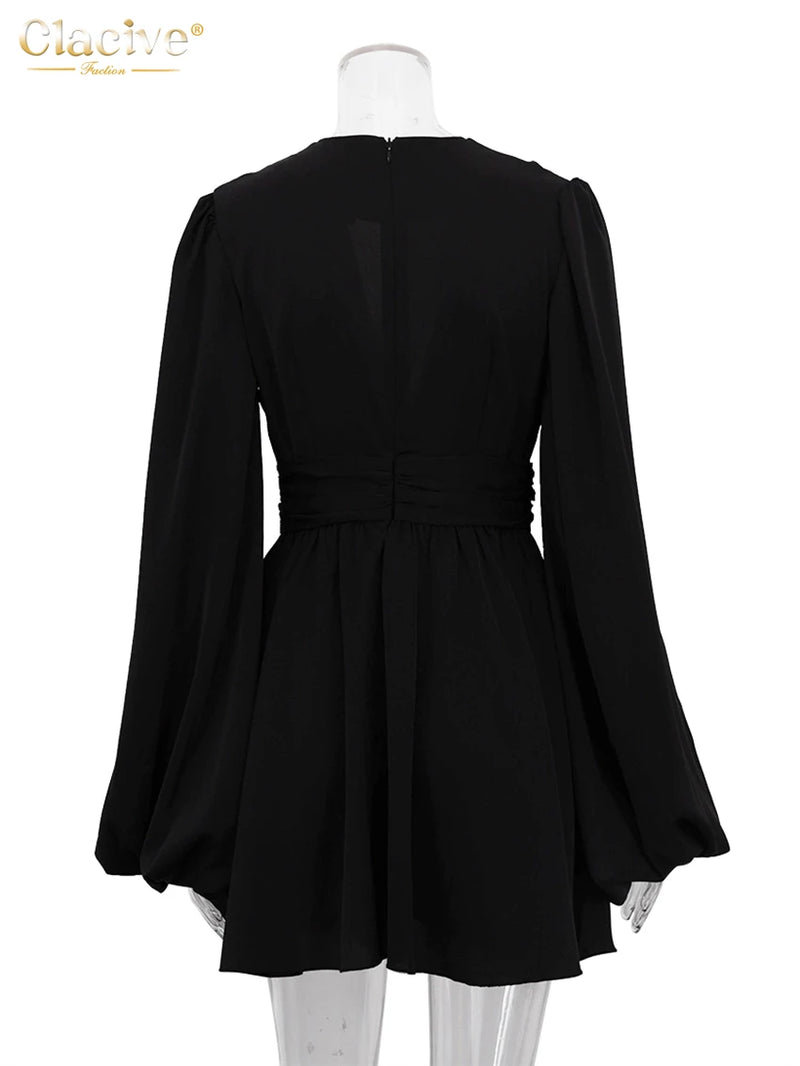 Clacive Sexy Deep V-Neck Mini Dress Lady Fashion Slim Puff Sleeve Black Dress Elegant Pleated High Waist Dresses For Women 2022