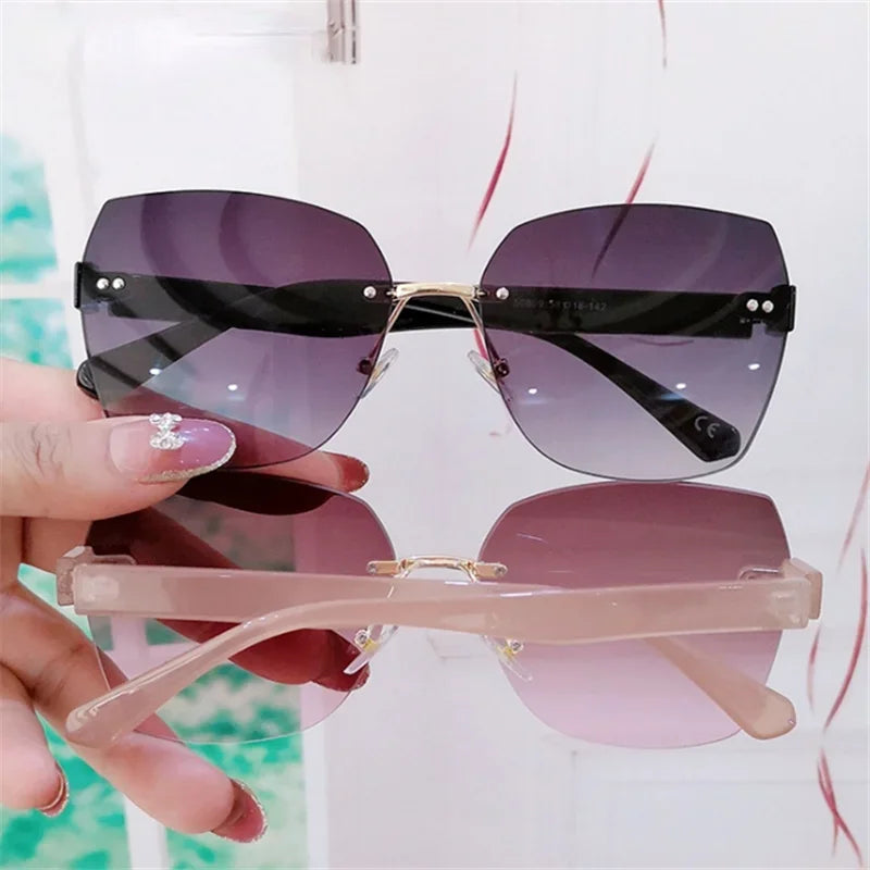Fashion Rimless Sunglasses Women Luxury Vintage Irregular Trimming Sun Glasses Lady Shades Gradient Eyewear Green UV400