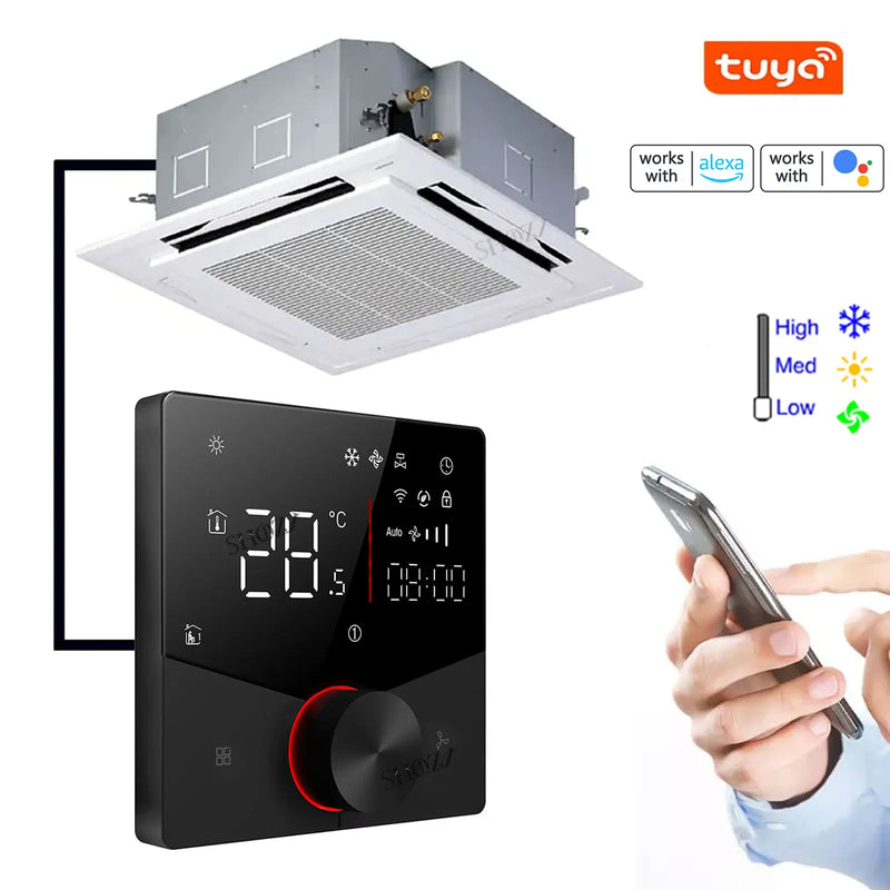 2/4 pipe wifi thermostat central air conditioning 3-speed fan coil rotating temperature adjustment voice TUYA  Alexa 24V