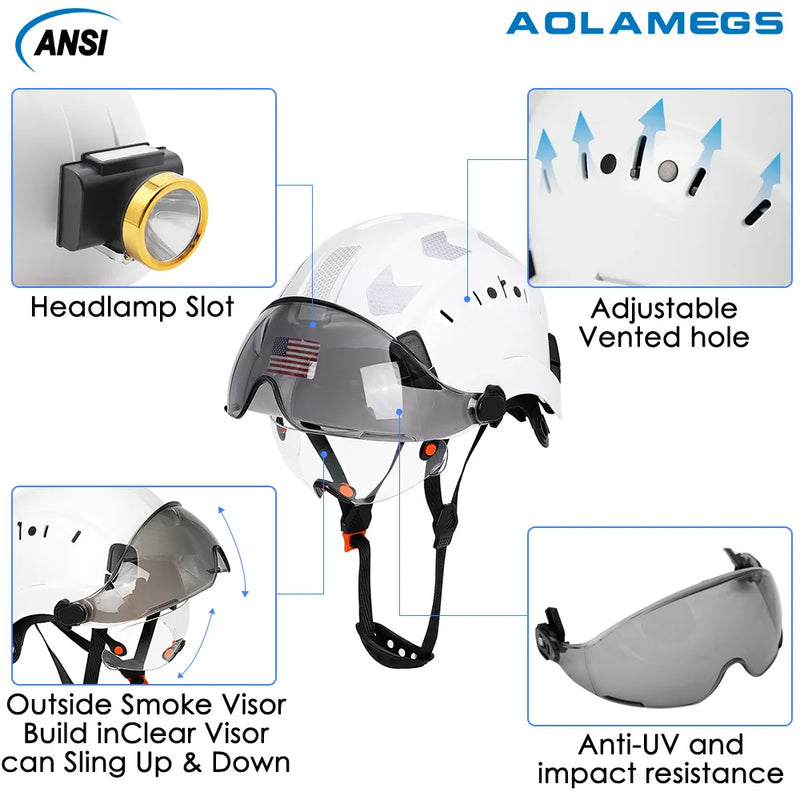 Construction Safety Helmet with Visor Built In Goggles Reflective Stickers ABS Hard Hat ANSI Industrial Work CE Engineer Cap