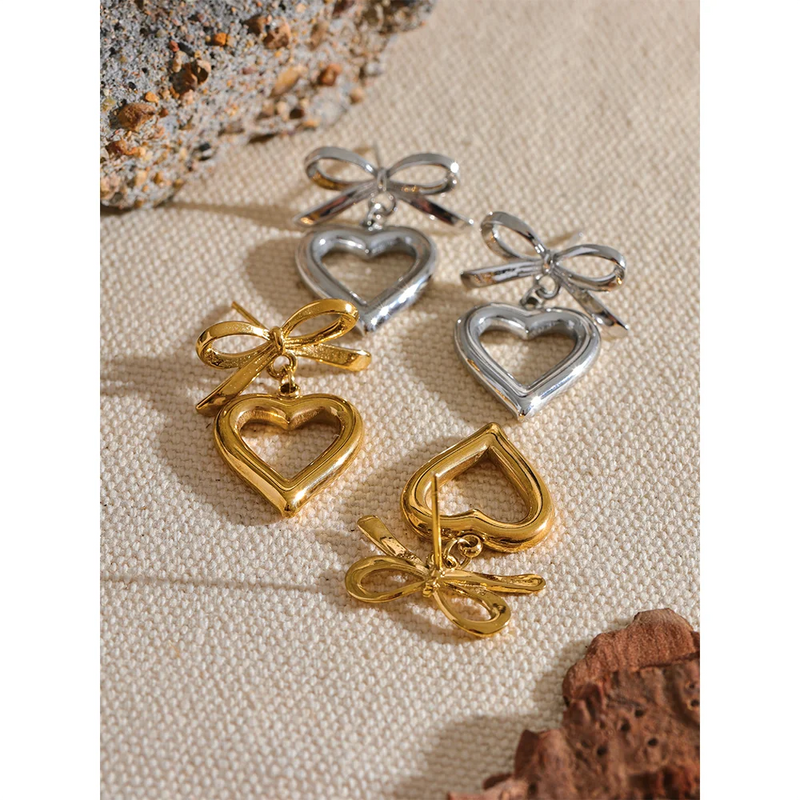 Yhpup New Stainless Steel Bow Tie Heart Love Hollow Drop Earrings Stylish High Quality Gold Plated Earrings Jewelry Waterproof
