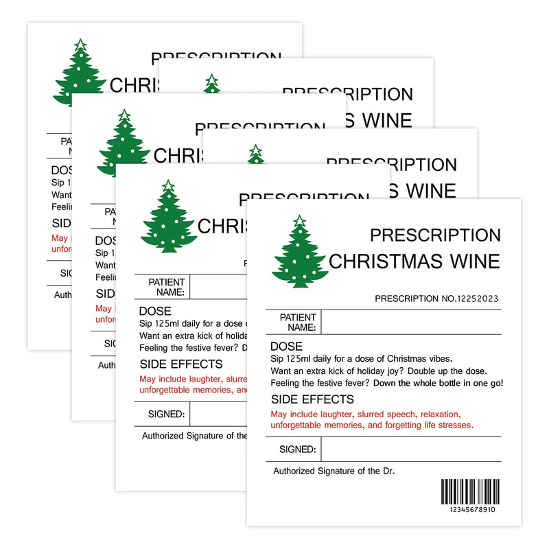 6pcs Hilarious Prescription Wine Labels,Festive Christmas Tree Design,Novelty Wine Bottle Stickers for Birthday,Anniversary Gift