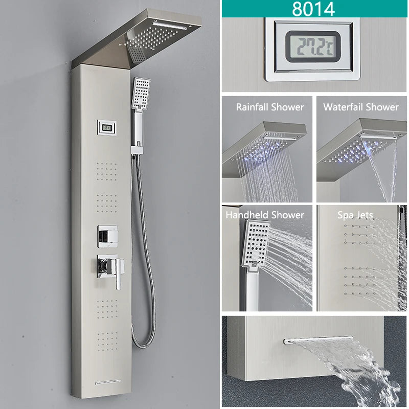 Bathroom LED Light Rain Waterfall Shower Panel Faucet Body Massage Jets Shower Faucet Stainless Steel Tub Spout Shower Column