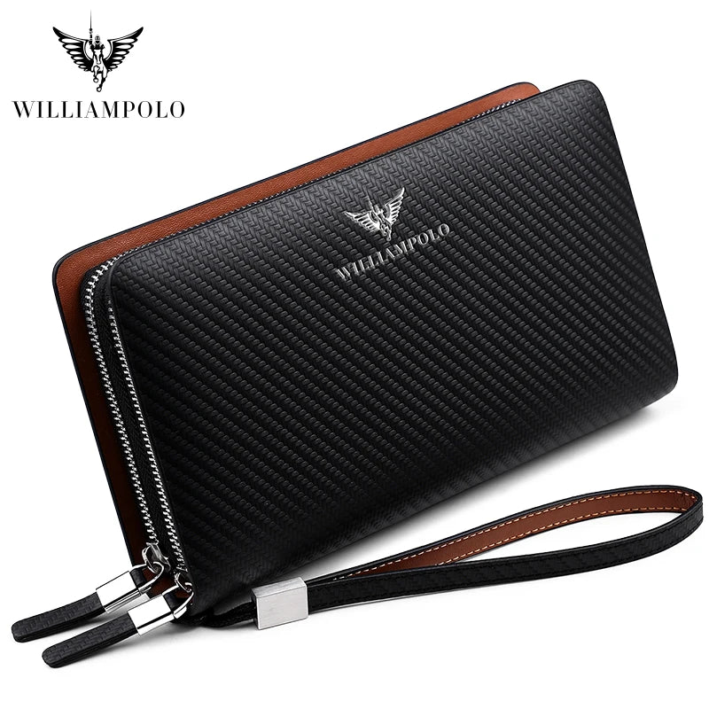 WILLIAMPOLO Men's Wallet Business Large Capacity Clutch Bag Genuine Leather Clutch Wallet Double Zipper Handbag Long Men Wallet