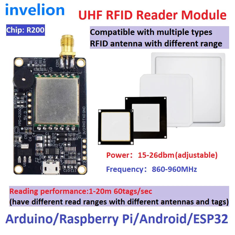 R200 Chip 2M Range UHF RFID Module TTL Uart USB RFID UHF Reader/Writer Compatible with 0-12dbi RFID Antenna ESP32 Raspberry Pi