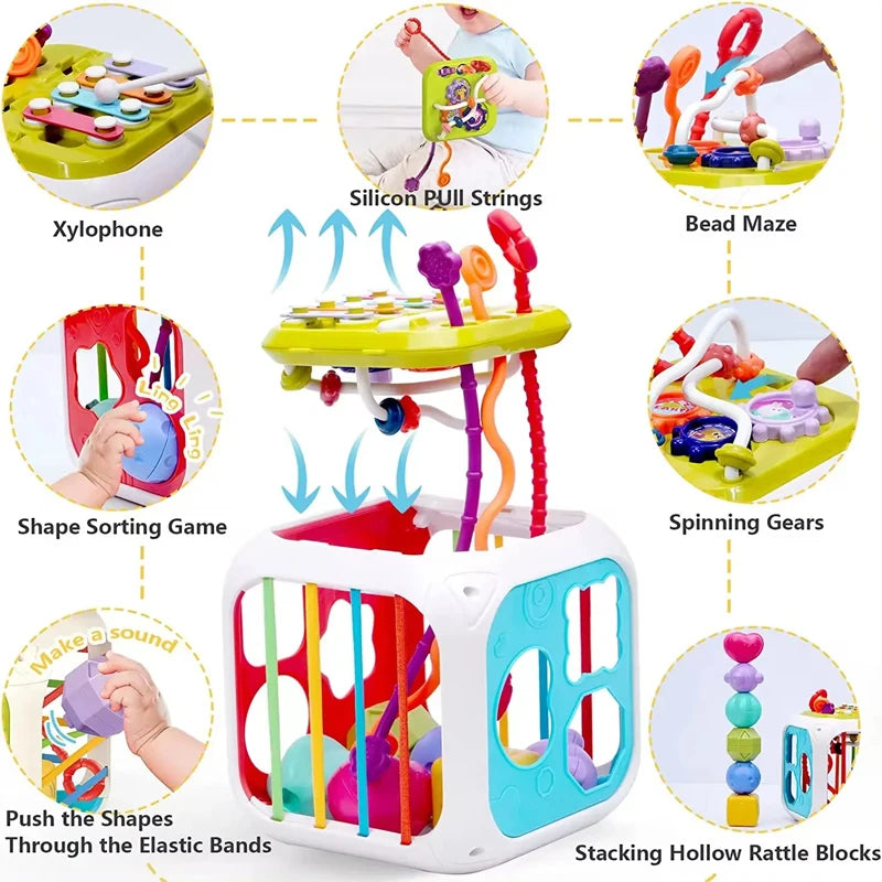 Montessori Sensory Toys Baby Activity Cube Shape Sorter Pull String Toys Fine Motor Training Games Stacking Blocks Activity Cube