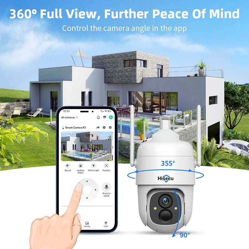 Hiseeu 3MP Cloud AI WiFi Video Security Surveillance Camera Rechargeable Battery with Solar Panel Outdoor Pan & Tilt Wireless