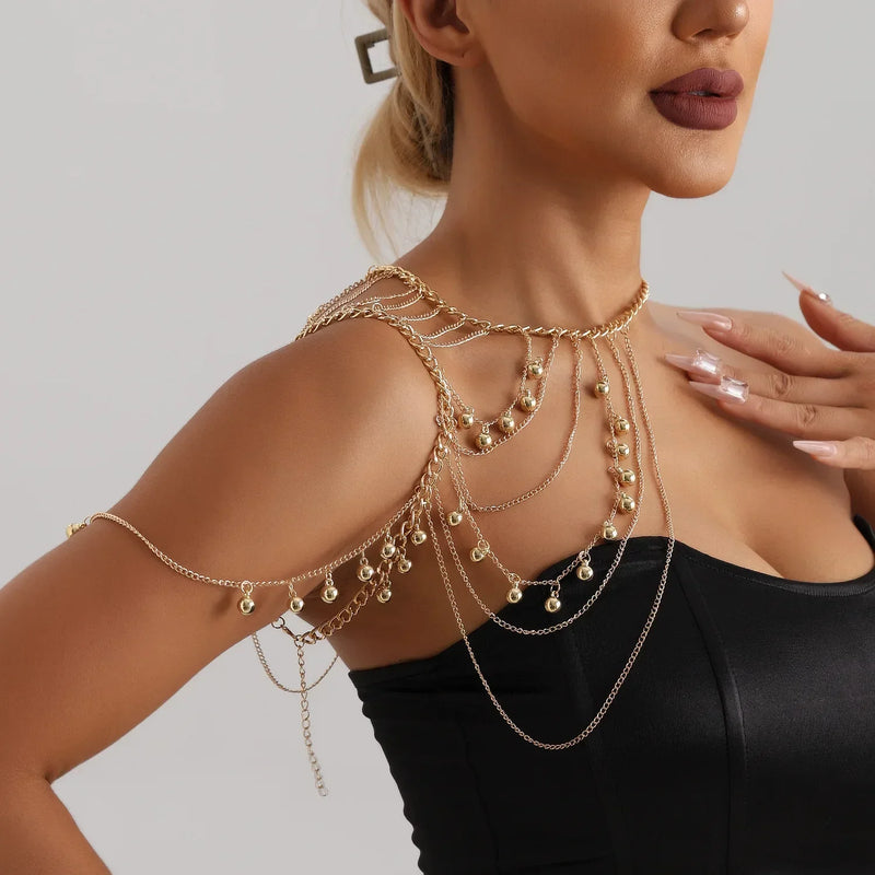 Fashionable Multi-layer Tassel Metal Ball Shoulder Chain Body Chain Personalized Spicy Girl Chest Chain Accessories