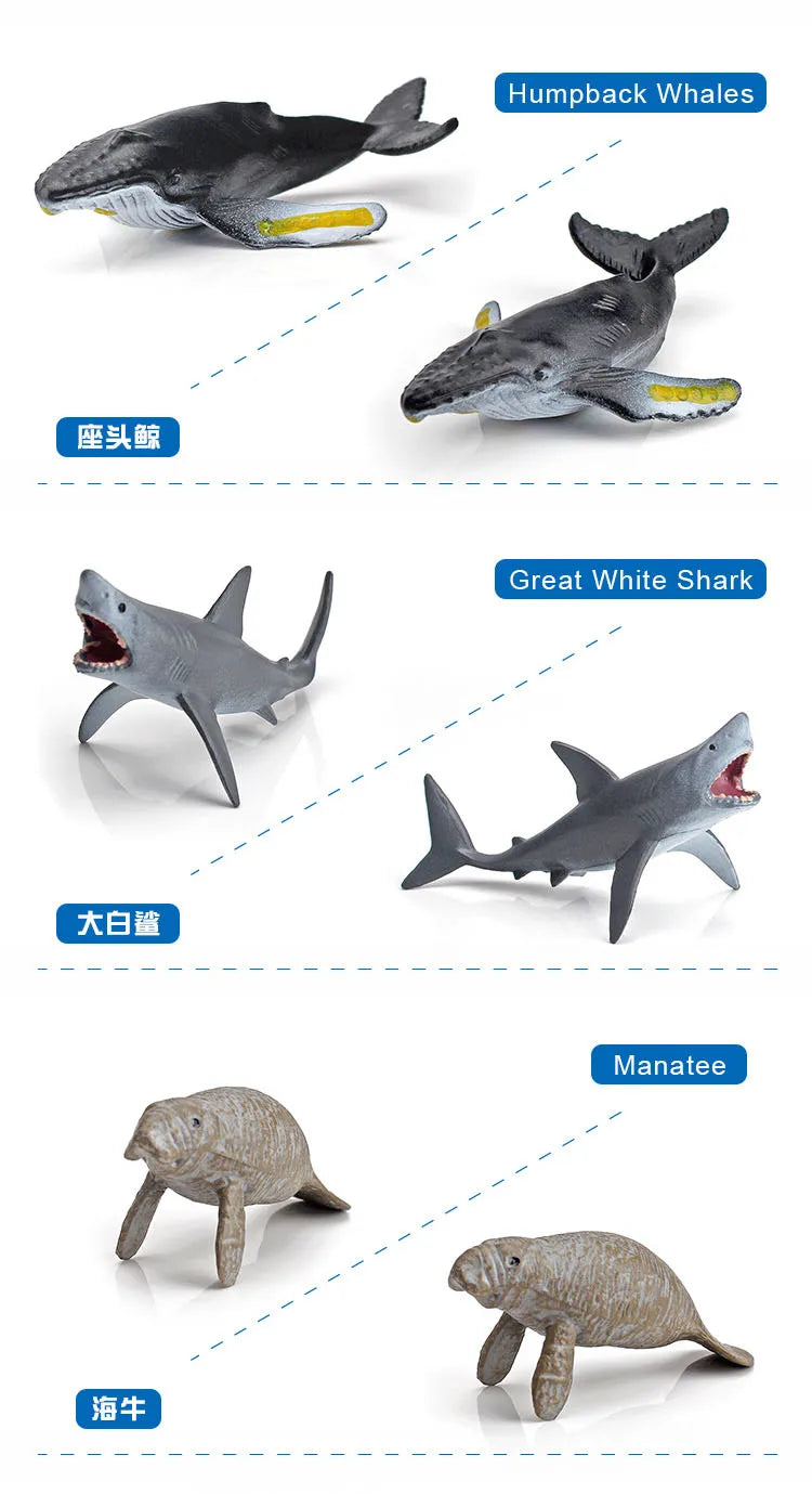 20Pcs Mini Marine Animals Diver Figures Set PVC Killer Sperm Blue Whale Dolphin Figurines Model Educational Toy For Kids