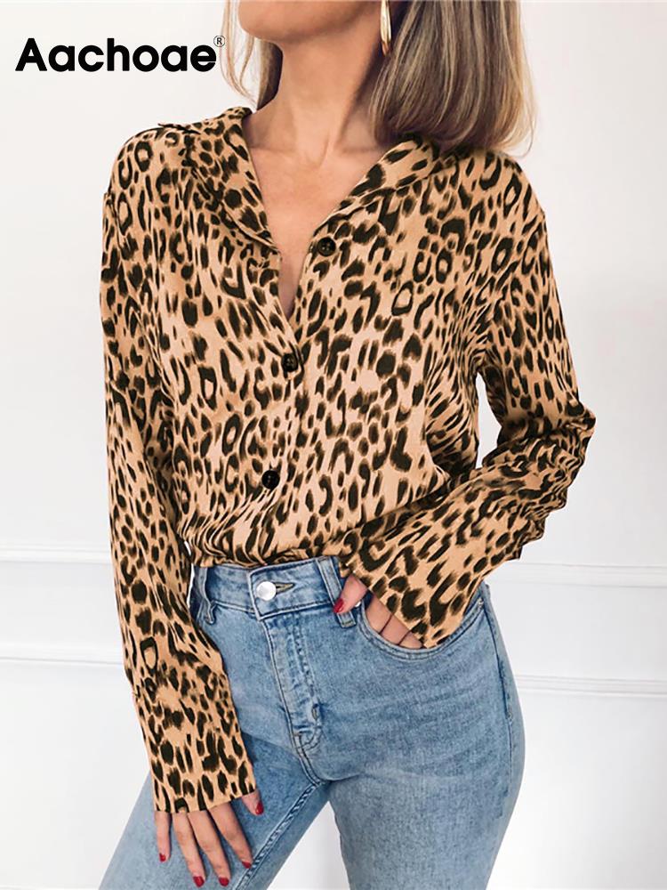 Aachoae Women Blouses Autumn Leopard Blouse Long Sleeve Turn Down Collar Lady Office Shirt Loose Tops Blusas Chemisier