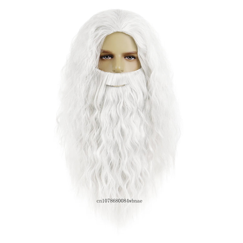 Dumbledore Wigs Synthetic Hair Long Curly Wavy Wizard Grey Wig and Beard for Men Cosplay Accessory Party Halloween Dress Costume