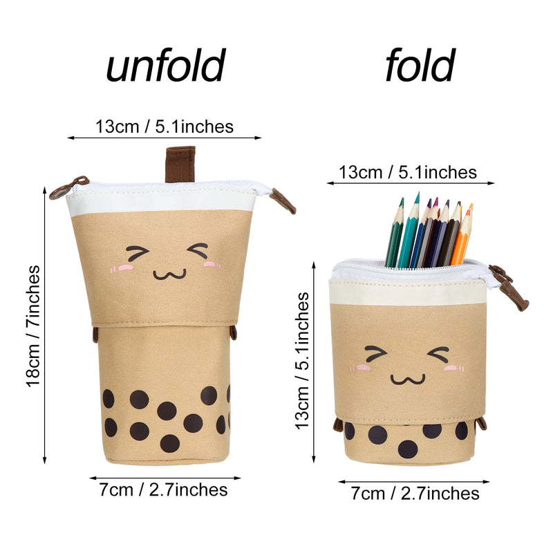 Cute Retractable Pencil Case Multi-function Pen Bag Kawaii Boba Milktea Smile Face Stationery Case Canvas Pen Holder Organizer