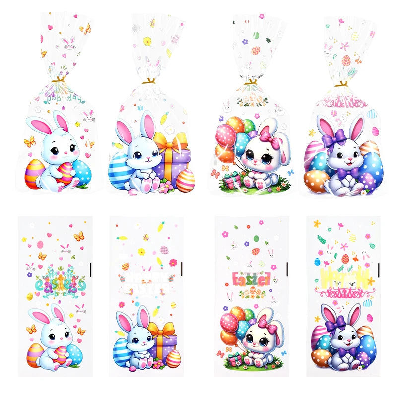 50/100pcs Easter Gift Bags Easter Candy Cookie Bags Rabbit Eggs Dessert Gift Packaging Pouches 2025 Happy Easter Party Supplies