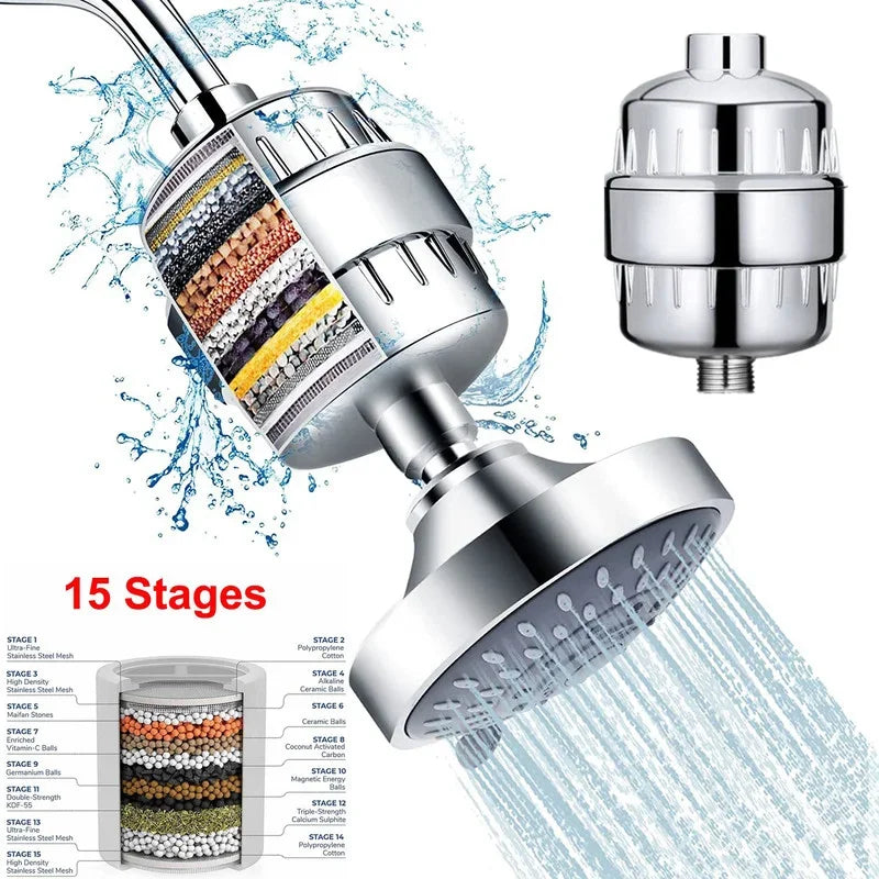 15 Stages Shower Water Filter Remove Chlorine Heavy Metals Filtered Showers Head Soften for Hard Water Shower Water Purifier