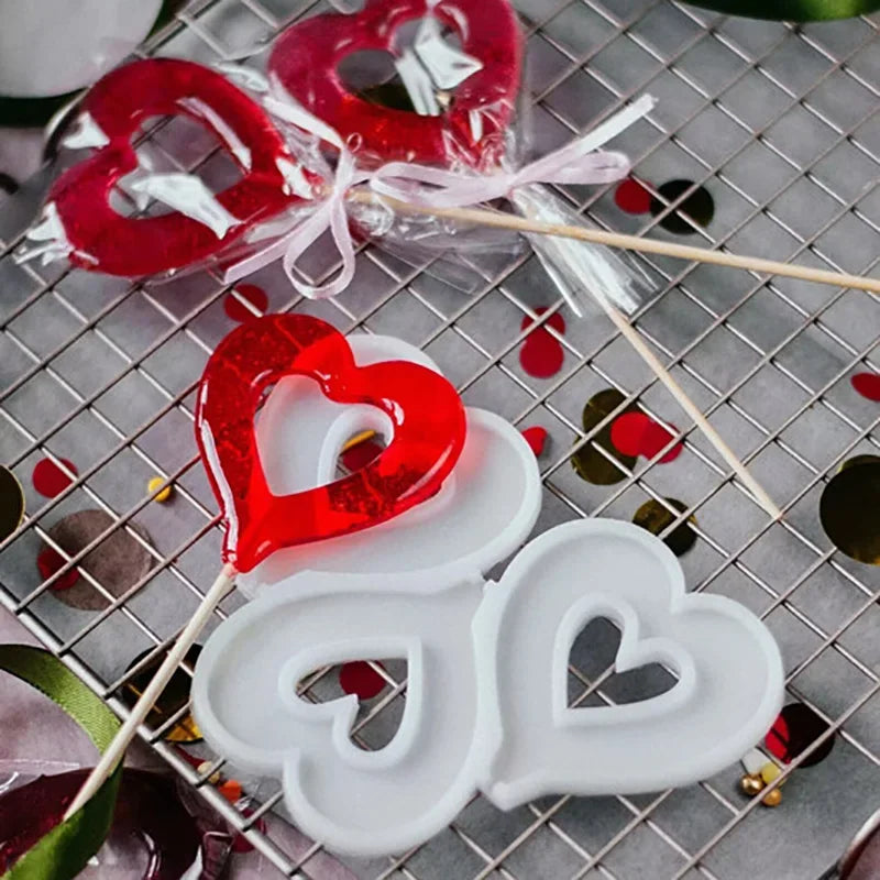 Hollow Heart Shape Silicone Lollipop Molds Bunny Rabbit Chocolate Candy Cheese Mould Valentine Day Easter Cake Decorating Tools