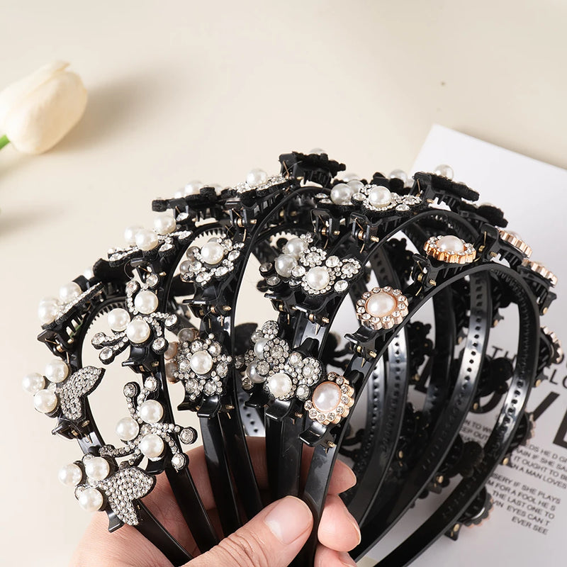 Pearl Flowers Hairpin Hairbands for Women Non-Slip Headband Rhinestones Hair Bands Clips Hairstyle Double Bangs Hair Accessories