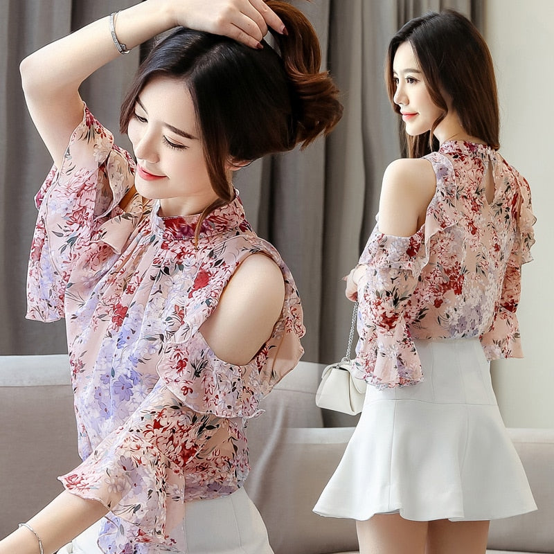 2023 Womens Blouses Tops Short Sleeve Butterfly Sleeve Chiffon Women Clothing Elegant Female Shirts Long Sleeve Floral 5388 50