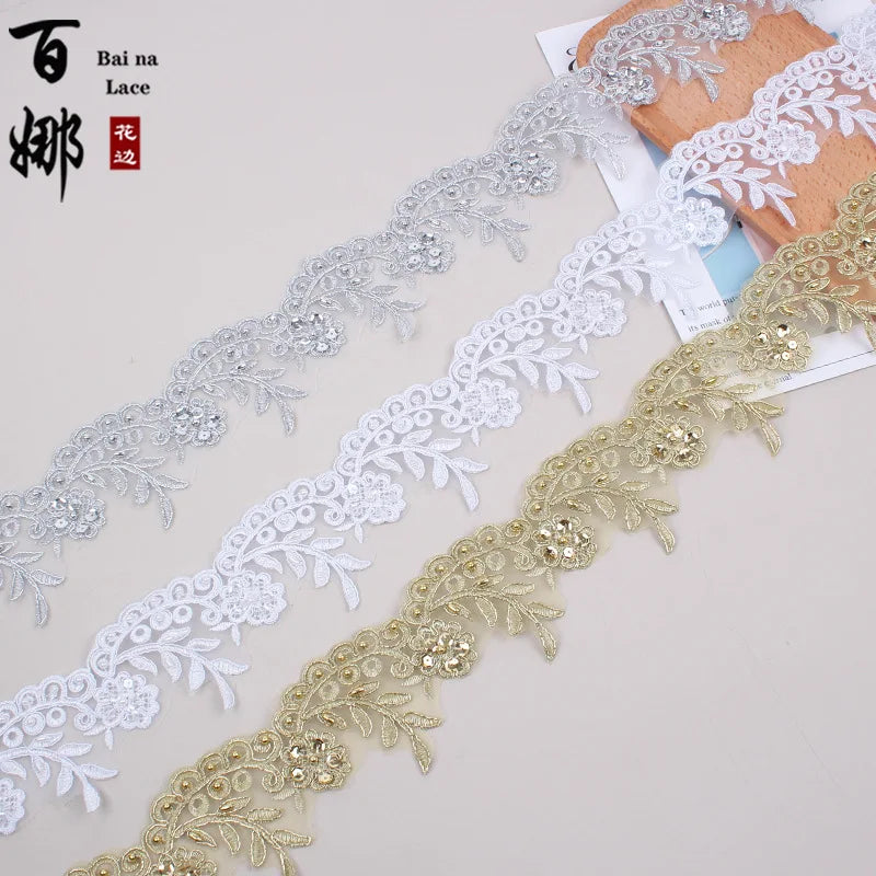 1 Yard 9cm wide Gold Silver Cording Fabric Flower Venise Venice Mesh Lace Trim Applique Sewing Craft For Bride Wedding Dresses