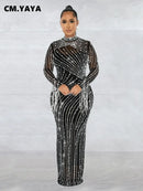 CM.YAYA Women Mesh Tassel Long Sleeve Diamonds Hot Rhinestones Bodycon Midi Maxi Long Dress and Tank Inner Dresses 2piece Suit