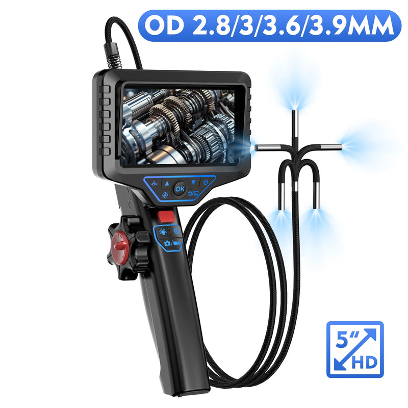 2.8/3.6MM Lens Articulating Borescope 1080P 5 Inch IPS Screen Two Way 360° Steering Endoscope Camera Waterproof IP67  Video