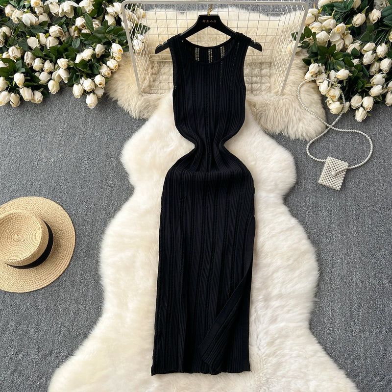Green New Summer Knit Sexy Strap Dress Women Tank Elatic Waist Bodycon Sundress Female Beach Split Maxi Long Dress