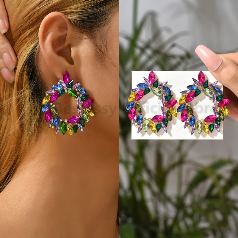 Colorful Series Shiny Rhinestone Big Stud Earrings For Women 2023 Trend Luxury Round Fashion Jewelry Girl Party Accessories Gift