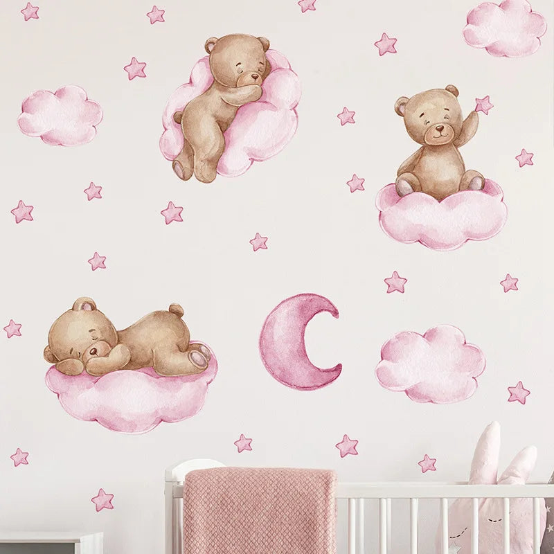 Cartoon Teddy Bear Moon Wall Stickers for Kids Room Baby Nursery Decor Sticker Wallpaper Boy Girls Bedroom Baby Room Wall Decals