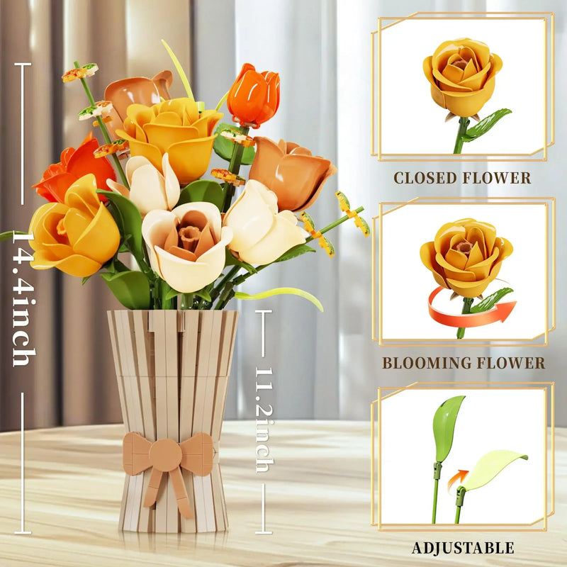 868PCS Rose Bouquet Building Blocks Eternal Flower Vase Bricks Home Decoration Girl Romantic Valentine's Day Gifts Kids DIY Toys