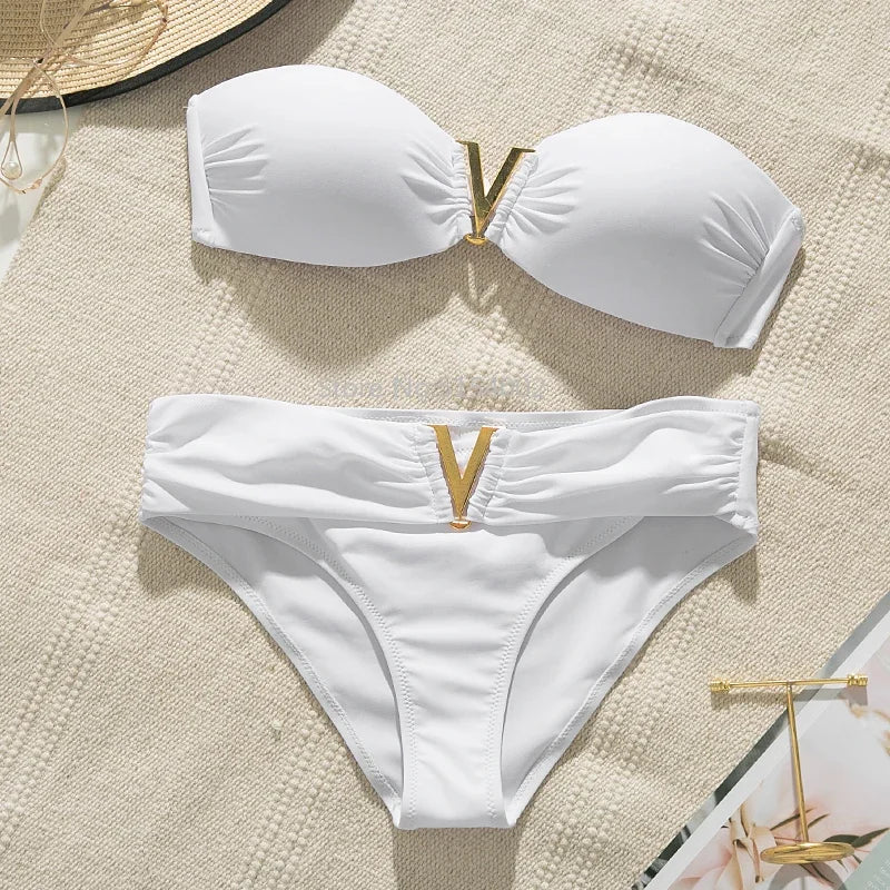 White push up woman swimsuit 2022 new Summer beach sexy bikini set solid swimming suit for women swimwear Bandeau bathing suit
