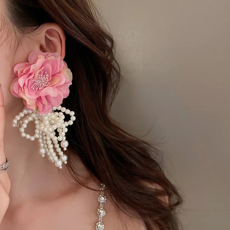 New Bohemian White Pink Big Cloth Flower Earrings for Women Statement Jewelry Handmade Pearl Bowknot Tassel Pendientes