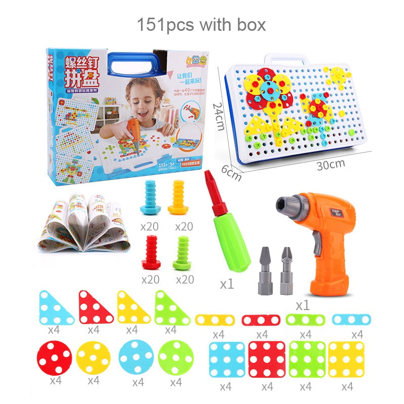 Drilling Screw 3D Creative Mosaic Puzzle Toys For Children Building Bricks Toys Kids DIY Electric Drill Set Boys Educational Toy