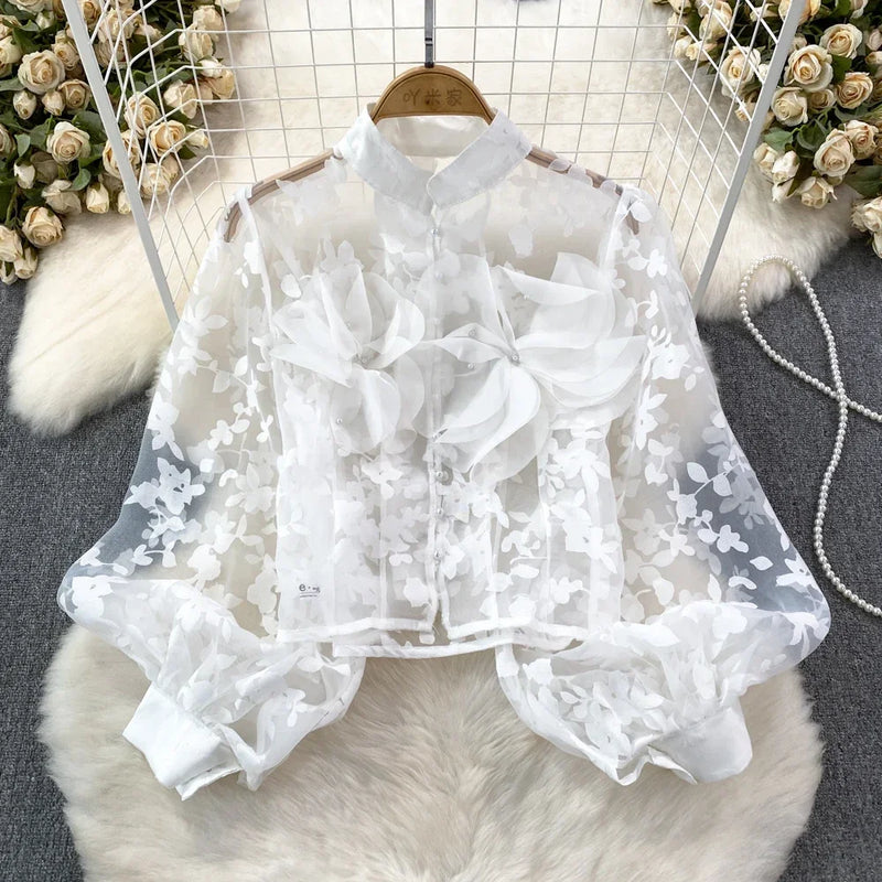 Court Style Retro Blouses Women 3D Flower Mesh Sheer Female Blusas Mujer Single Breasted Stand Collar Blouse Woman Dropshipping