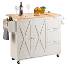 SucceBuy 2-Door 1/2 3-Drawer White Mobile Kitchen Island Rubber Wood Desktop Rolling Kitchen Cart with Wheels for Bar Storage