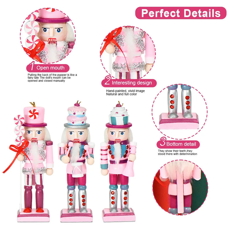 3Pcs 12cm Cartoons Nutcracker Puppet Ornaments Desktop Decoration Soldiers Band Dolls Pink Cake Candy Style Christmas Gift