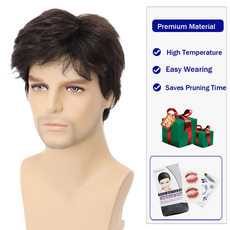 GNIMEGIL Synthetic Men's Wigs Dark Brown Short Straight Hair Wig Male Cosplay Halloween Costume Christmas Natural Fashion Style