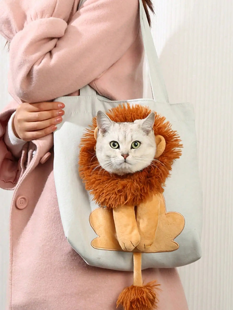 Pet Canvas Shoulder Bag Lion Shaped Cute Cat Carrier Portable  Shoulder Carrying Bag Chest Cat Bag Outdoor Cat Tote